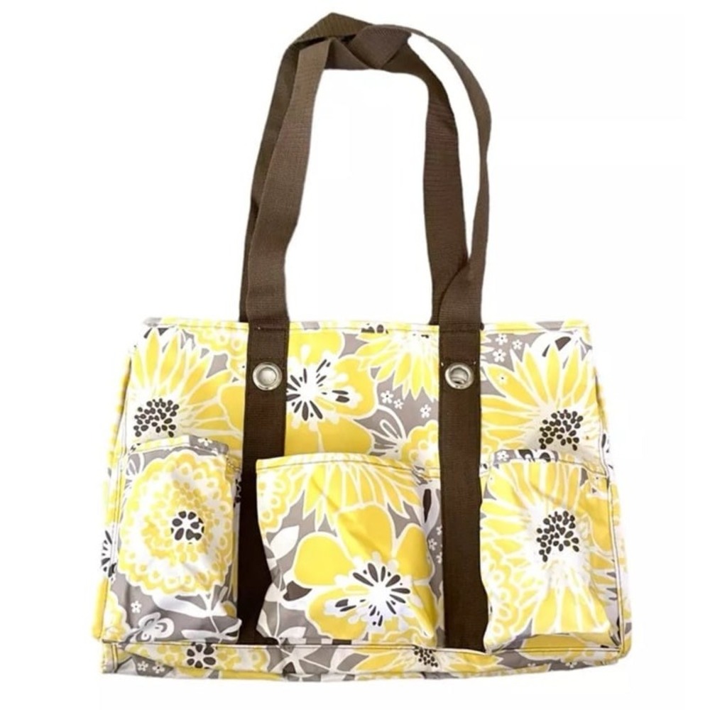Thirty One Yellow Gray Brown Organizing Tote Hand Bag Flower Purse 15x10x5.5 EUC